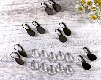Earring blanks, teardrop trays with glass cabochons, lever-back antique bronze drop earrings, jewelry supplies, brass hardware, makes 5 pair