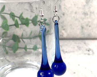Blue glass raindrop earrings, cobalt blue glass teardrop dangle earrings, minimalistic water droplet jewelry glass anniversary gift for wife