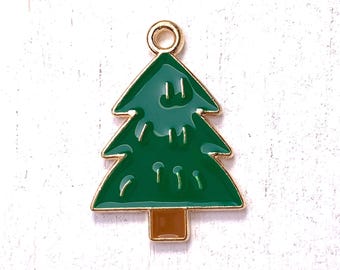 Pine tree charm, 10 pcs, 23x16mm alloy evergreen fir tree charm with enamel and golden finish, for woodland theme jewelry and crafts