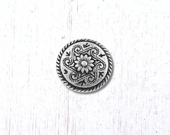 Metal floral buttons, 10 pcs, 14.8mm antique silver round with flower and scrolls, rope edge, shank button for leather jewelry, sewing