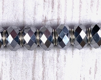 Large hole glass faceted beads, metallic silver with metal core for DIY fairy wand or garden stake, European glass sparkly beads, 10 pcs