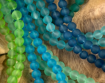 Frosted sea glass beads for beachy jewelry, ocean colors cultured sea glass beads, round recycled glass beads for necklaces, 10 mm, 80 beads