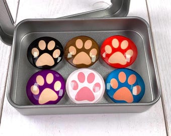 6 paw print whiteboard magnets, cute magnets for fridge, gift for vet tech, rescue dog mom, 1" round assorted colors random pick w/ gift tin
