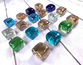 Glass cube gems assorted color mix, 16-17 pcs, 24x24 mm chunky square mosaic glass, garden stones, stained glass supplies