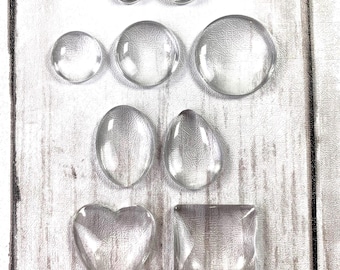 Clear glass cabochons, 130 pcs, 10-25mm, cabs in assorted sizes, teardrop, heart, round, square, oval, sizes in description (B0074)