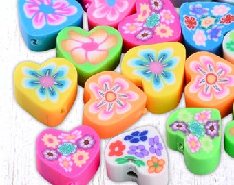 50 floral heart beads, polymer clay, 8.5x9mm with 1.5mm hole, assorted bright colors (C0126)