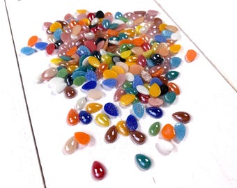 200 pcs porcelain glass teardrop cabochons, ~8x5.5mm tiny opaque glass tapered ovals, assorted colors flat back, undrilled cabs (B0080)