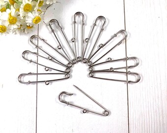 Set of 10 kilt pins with 1 loop, 55mm/2.1" silver colored safety pins, add a charm, DIY brooches, beaded scarf pins, bridal bouquet charms