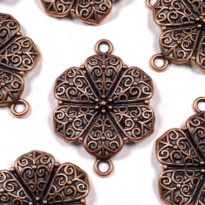 10 antique copper flower filigree connector charms, 40mm flower-shaped alloy links for boho or vintage jewelry making, double loop (L0306)