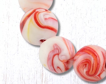 10 red, orange and white swirled lampwork glass round beads, ~12mm with 1.5mm hole, rosaries, bracelet, and necklace making supplies (A0033)