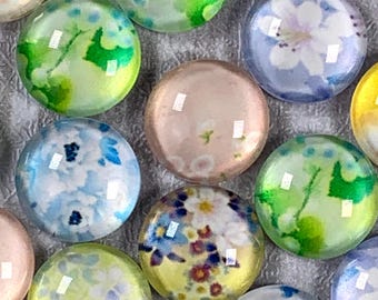 Floral printed glass cabochons for jewelry, assorted tiny 10mm flower print flat back cabochon for earrings, glass accents for crafts, 20 pc