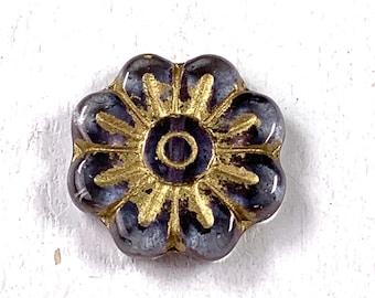 6 Czech glass daisy beads, large 18mm flower focal, purple with golden wash finish, high quality Bohemian crystal beads for jewelry (A0066)