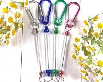5 beadable blank bag charms with carabiner clip, DIY beadable metal keychain blank bar, add a bead backpack charm, for DIY custom gifts