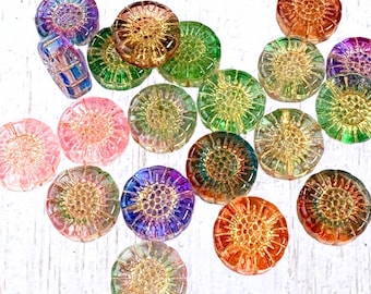 20 glass daisy beads in mixed colors, 12.5mm flowerhead beads painted with one-sided gold inlay