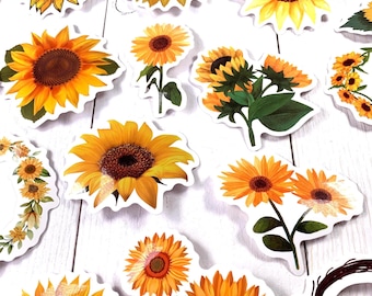 Sunflower sticker pack, 50 assorted waterproof PVC stickers, die cut country sunflowers, yellow flower stickers, junk journals, scrapbooking