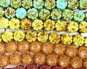 10 pcs Czech glass flower beads, 14mm boho floral beads for jewelry, Hawaii flower glass beads, hibiscus beads (A0054)