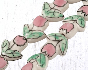 20 porcelain pink tulip beads, 16x14 hand-painted floral focal beads for jewelry (C0121)