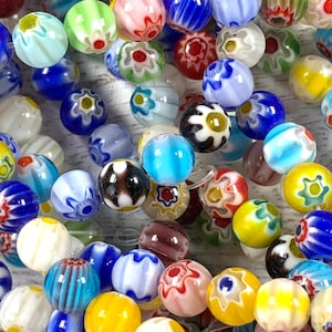 Millefiori glass round beads, colorful jewelry making beads, mixed multicolor floral beads, round Murano glass with flowers, 6/8/10/12 mm