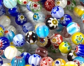 Millefiori glass round beads, colorful jewelry making beads, mixed multicolor floral beads, round Murano glass with flowers, 6/8/10/12 mm