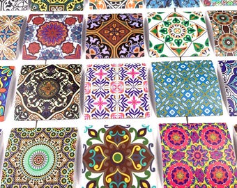 50 mini tile stickers, 1.75" Moroccan style patterned square stickers, colorful boho accents for cards, scrapbooks, junk journals, laptop