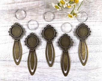 Clip bookmark making kit, bookish gifts for book lovers, ladies craft night kit, antique bronze cabochon frame, ornate scroll bezel, 5 sets