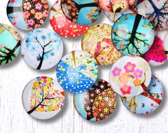 10 folksy trees printed glass cabochons for jewelry, ~30mm round printed flat back cabochon for pendants, glass accents (B0091)
