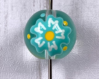 Flower glass beads, round lampwork focal bead with enamel cyan flower, floral pattern transparent glass beads, 15.5mm with 2mm hole, 10 pcs