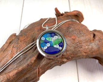 Sea glass necklace, cultured sea glass floating locket pendant necklace, 26" stainless steel chain, beachy vacation jewelry for ocean lover