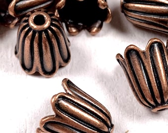 20 antique copper flower bead caps, 10x10 mm tulip style alloy floral tassel caps, Tibetan style nature-inspired bead accents for jewelry