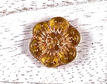 20 pcs Czech glass amber with copper wash flower beads, 13.5mm boho floral beads for jewelry, wild rose beads, anemone flower (A0062)