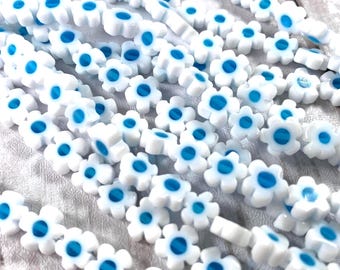 White and blue glass daisy beads for earrings, millefiori flower beads, nature inspired flower shaped glass beads, 6-8 mm, approx 50 pcs