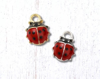 Ladybug charms, 10 pcs, 12.5x9mm alloy with enamel, mini ladybird charms with loop, garden insect theme charms with gold or silver finish