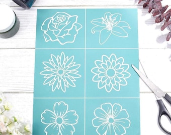 Silk screen stencil, 6 flower patterns, 11x8.5" self-adhesive stencil for painting, etched glass, wood burning cream, reusable