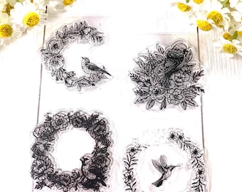 Florals with bird stamp set, 5 small plastic stamps with floral wreaths, robin, hummingbird for scrapbooking, planner, junk journal, cards