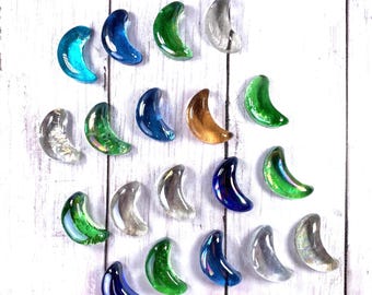 Glass moon gems assorted color mix, 18-19 pc, approx 43x24mm crescent moon cabs, mosaic glass, garden stones, stained glass supplies