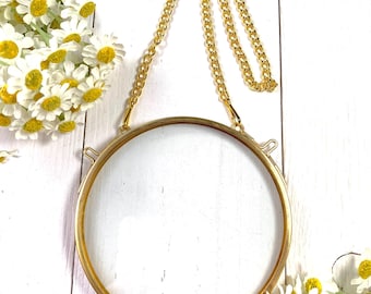Round hanging floating frame for pressed flowers, 3.9" or 4.7" circle double pane glass frame, gold brass frame for DIY signs and ornaments