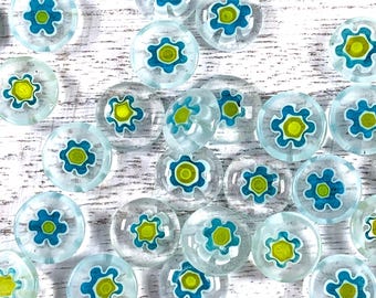 50 millefiori glass round flower cabochons, ~10mm small flat back pillow dome undrilled cabs with blue and yellow flowers (A0015)