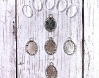 Oval pendant settings with glass cabochons, silver cabochon tray frame for DIY jewelry, bezel settings, earring making supplies, 24mm 5 sets