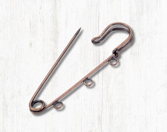 Set of 10 kilt pins with 3 loops, large 70mm/2.75" bronze colored safety pins for DIY brooches, beaded scarf pins, bridal bouquet charms
