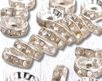50 rhinestone spacer beads, 10mm with 2mm hole, sparkly clear glass rhinestones beads, silvery or golden (M0334/2)