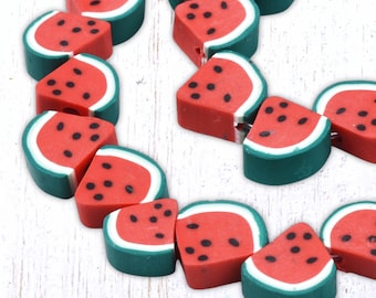 38 polymer clay watermelon slice beads, ~9x9mm with 1.5mm hole, side-drilled wedge shape (C0149)