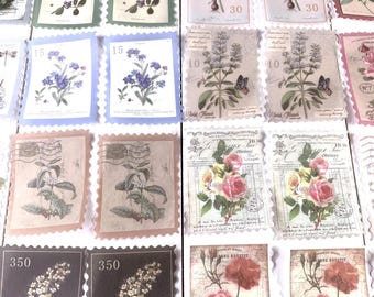 60 vintage stamp style stickers, floral, plant, woodland animals designs, translucent antique-like stickers, junk journal scrapbook ephemera