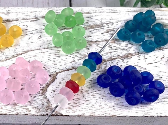 Big hole drilled sea glass beads for beadable items, 9.5x5.5mm center drilled 2.5mm hole for beadable blanks, 12 pc (C0138)