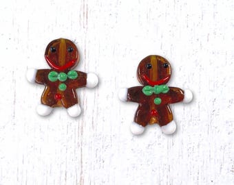 2 pcs glass gingerbread man lampwork beads, 26mm focal beads for holiday crafting, unique glass beads (A0045)