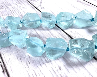 Aqua glass nugget beads, drilled glass irregular beads, chunky glass for DIY crafts, unique, 3mm hole, 14 pcs (C0141)