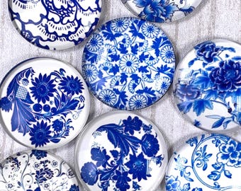 10 blue and white printed glass cabochons for jewelry, assorted 30mm printed flat back cabochon for pendants, crafts (B0092)