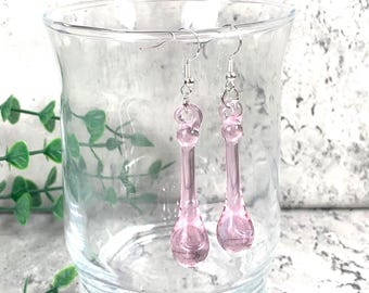 Pink glass raindrop earrings, soft pink glass teardrop dangle earrings, minimalistic water droplet jewelry glass anniversary gift for wife