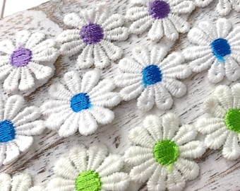 Daisy flower ribbon trim, 5 yards (4.57m) ~1" width floral embroidered lace for scrapbooking, cards, sewing, in green, blue, or purple
