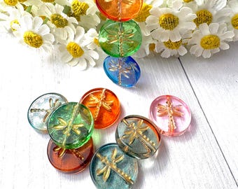 10 dragonfly coin beads, 17mm flat round glass beads with color wash and golden inlay for nature inspired crafts (A0051)