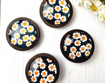 Glass daisy magnets, 1.1" round set of 4, daisy print with wood setting for fridge, whiteboard, cheerful gift for coworker